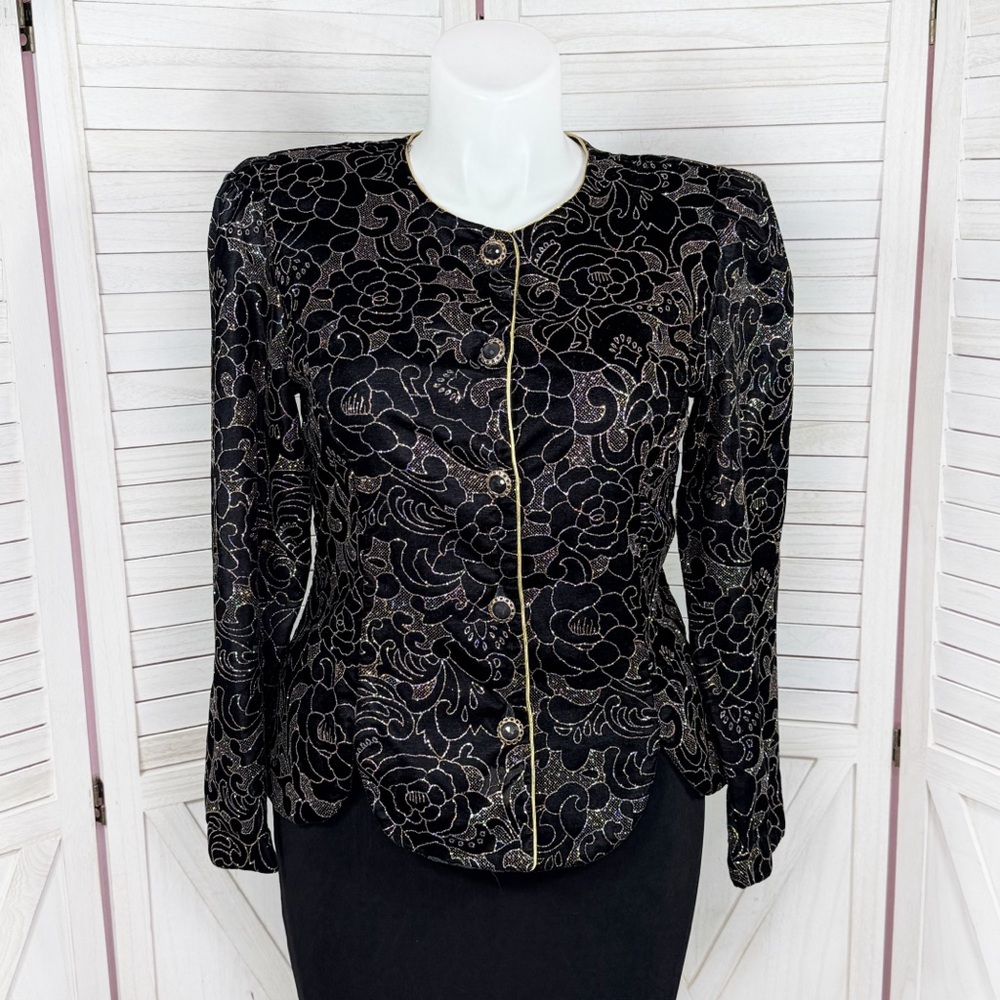 Vintage 80s R&K Evening Womens 14 Black Gold Velvet‎ Floral Glittered Jacket
